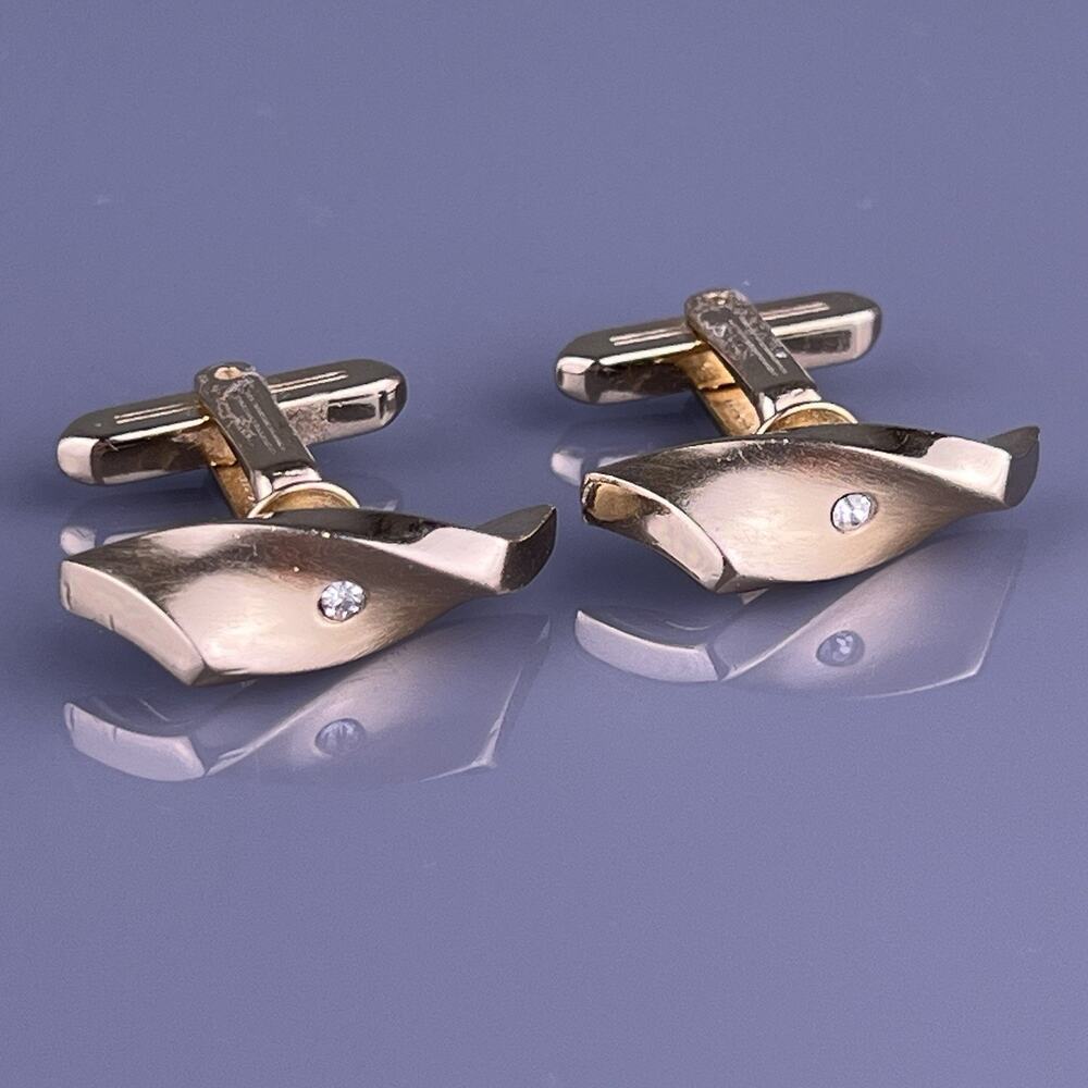 White Rhinestone Twist Cufflinks Gold Tone Rectangle Satin Finish Hickok Vintage